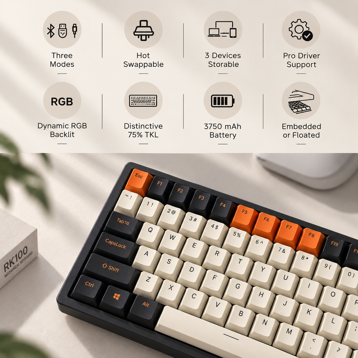 RK Royal Kludge RK100 Tri-Mode RGB Hot Swap Mechanical Keyboard